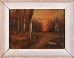 American School, A Woodland Path at Sunset, oil on canvas