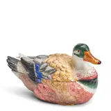 Meissen-style Duck Tureen, Untitled, 1895, polychrome enamel decorated with cover and base, bearing the underglaze blue marks for Richard Eckert, Volkstedt, lg