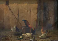 Chickens and Chicks in the Farmyard by Eugène Rémy Maes, oil on canvas, offered Jul 2025