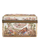 Meissen, Porcelain Capo di Monte-type Casket, bronze mounted rectangular shape with polychrome enameled mythical subjects in relief,   ht