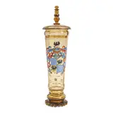 19th/20th century, by German Glass Pokel and Cover, enamel decorated with a large coat of arms, scrolled foot rim, ht, sold Jul 2025