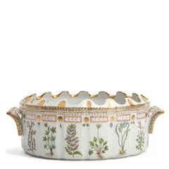 Royal Copenhagen, Flora Danica Monteith, gilded and polychrome enamel decorated oval shape with paneled sides, handle to handle lg