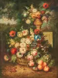 European School, Still Life in a Basket Against a Landscape, oil on canvas