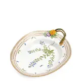 Royal Copenhagen, Flora Danica Pickle Dish, gilded and enamel decorated, oval shape with twig handle, lg