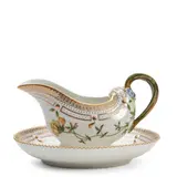 Royal Copenhagen, Flora Danica Sauce Boat and Affixed Stand, gilded and polychrome enamel decorated, oval shape, the "boat" with twig handle,  max