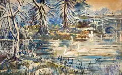 Millicent Taplin, Swans on the Pond, watercolor on paper