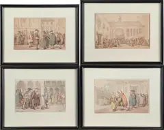 Set of Four Watercolors by Thomas Rowlandson, three signed 'T. Rowlandson.' (in ink, lower left or right) and with labels from Brookes Reed Gallery, Boston (affixed t, sold Mar 2025
