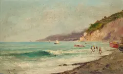 Oscar Riccardi, Beach Scene with Figures and Sailboats, oil on canvas