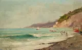 Oscar Riccardi, Beach Scene with Figures and Sailboats, oil on canvas