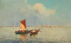 Oscar Riccardi, Two Sailboats in the Harbor, oil on canvas