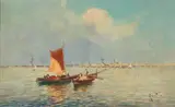 Oscar Riccardi, Two Sailboats in the Harbor, oil on canvas