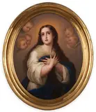 Kpm, Porcelain Plaque of the "Virgin Mary" after Murillo, 1900, oval shape polychrome enameled with central figure flanked by angels, impressed mark, set in a gilt wood frame, 13 5/8 x 17 in