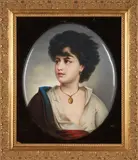Kpm, Porcelain Plaque of a Neopolitan Girl, 1900, oval shape polychrome enamel decorated, impressed sceptre mark, set in a gilt wood frame,  plaque size 8 1/2 x 10 1/2 in