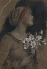 Frederick Sandys, Study of a Woman Holding Lilies, pastel on paper