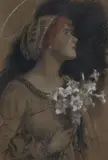Frederick Sandys, Study of a Woman Holding Lilies, pastel on paper
