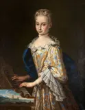 Portrait of a Lady, Three-Quarter Length, in a Gold and Blue Dress and Blue Cloak at a Harpsichord by Giovanni Maria delle Piane, oil on canvas in its orginal frame, offered Mar 2025