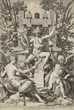 Jan Sadeler II, Bacchus, Music and Amor, 1575-1600, copper engraving, paper