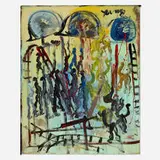 Purvis Young, Figures Under Helmets, mixed media on panel