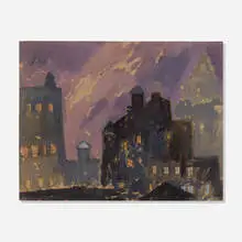 Dark Buildings Study by Gershon Benjamin, 1947, watercolor on paper, sold Mar 2022