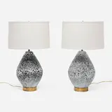 Table lamps, pair by Modern, c. 1965, volcanic-glazed earthenware, brass, linen shades, sold Feb 2025