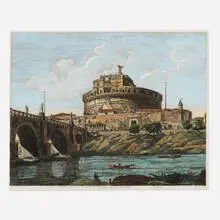 Veduta della Gran Mole Adriana, e Ponte Elio in oggi Ponte e Castel St Angelo by Luigi Rossini, engraving with hand-coloring, sold Feb 2025