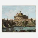 Luigi Rossini, Veduta della Gran Mole Adriana, e Ponte Elio in oggi Ponte e Castel St Angelo, engraving with hand-coloring