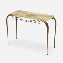 René Prou, Console table, c. 1935, textured glass, patinated wrought iron