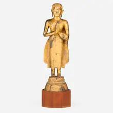Thai, Buddha, gilt and enameled bronze, mahogany, mother-of-pearl