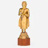 Thai, Buddha, gilt and enameled bronze, mahogany, mother-of-pearl