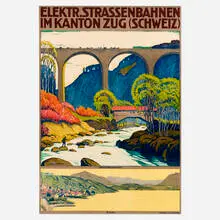 Ernst Emil Schlatter, Elektr. Strassenbahnen im Kanton Zug (Schweiz) travel poster, c. 1914, lithograph in colors