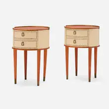 Halvdan Pettersson, Nightstands, pair, c. 1940, mahogany, stained beech, vinyl, brass