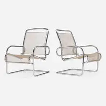 Modernist, Outdoor chairs, pair, c. 1950, chrome-plated steel, steel chain mesh