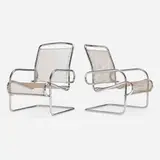 Modernist, Outdoor chairs, pair, c. 1950, chrome-plated steel, steel chain mesh