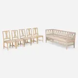 Lindome Chair Makers, Gustavian suite, c. 1800, lacquered wood, upholstery