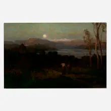 Adrien Demont, Two Figures in a Landscape with Full Moon, oil on canvas