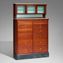 Victorian, Dentist's cabinet, mahogany, glass, milk glass, mirrored glass, marble, acrylic, aluminum, brass
