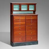 Victorian, Dentist's cabinet, mahogany, glass, milk glass, mirrored glass, marble, acrylic, aluminum, brass