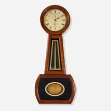 Howard & Davis, No. 1 Regulator banjo wall clock, c. 1850, cherry with hand-painted grain details, reverse-painted and gilt glass, printed paper over metal, gilt wood, brass-plated zinc