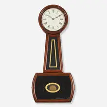 Howard & Davis, No. 2 Regulator banjo wall clock, c. 1850, cherry with hand-painted grain details, reverse-painted and gilt glass, printed paper over metal, brass-plated zinc