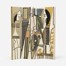 Pablo Picasso, Artist and Model folding screen, c. 1945, carved and lacquered wood, carved and lacquered linoleum, brass