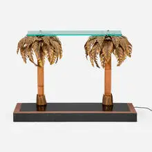 attribution Maison Jansen, Illuminated console table with palm trees, c. 1975, brass, bamboo, glass, lacquered aluminum, patinated aluminum, lacquered wood