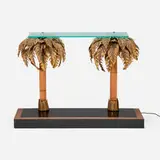 attribution Maison Jansen, Illuminated console table with palm trees, c. 1975, brass, bamboo, glass, lacquered aluminum, patinated aluminum, lacquered wood