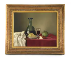 James Noble, Untitled, GLASS OF WINE ETC Oil on canvas Signed lower right with label verso 40cm x 50cm
