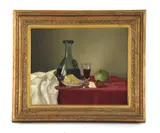 James Noble, Untitled, GLASS OF WINE ETC Oil on canvas Signed lower right with label verso 40cm x 50cm