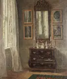 Niels Peder Christian Holsøe, Interior with a Dutch Bombé Chest of Drawers and Mirror, oil on wood panel