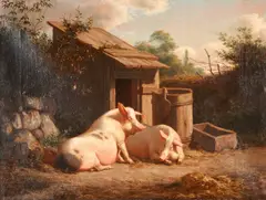 Carl Bøgh, A Farm Scene with Two Pigs, oil on canvas