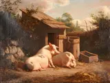 Carl Bøgh, A Farm Scene with Two Pigs, oil on canvas