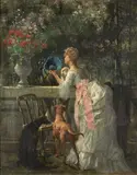 Edmond-Louis Dupain, Femme dans un Parc avec des Chiens, oil on canvas