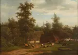 Eugène Verboeckhoven, Sheep and Chickens on a Rural Farm, oil on canvas