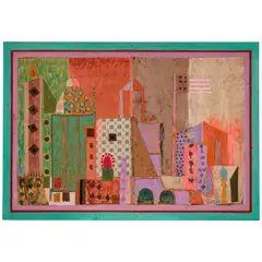 Jean, Abstract Cityscape, mixed media collage on panel